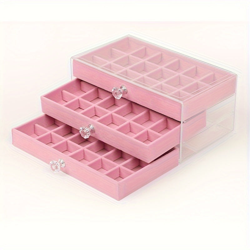 Organizador de joyas de acrílico con cajón de forro suave para collares, pendientes y anillos, azul claro y rosa