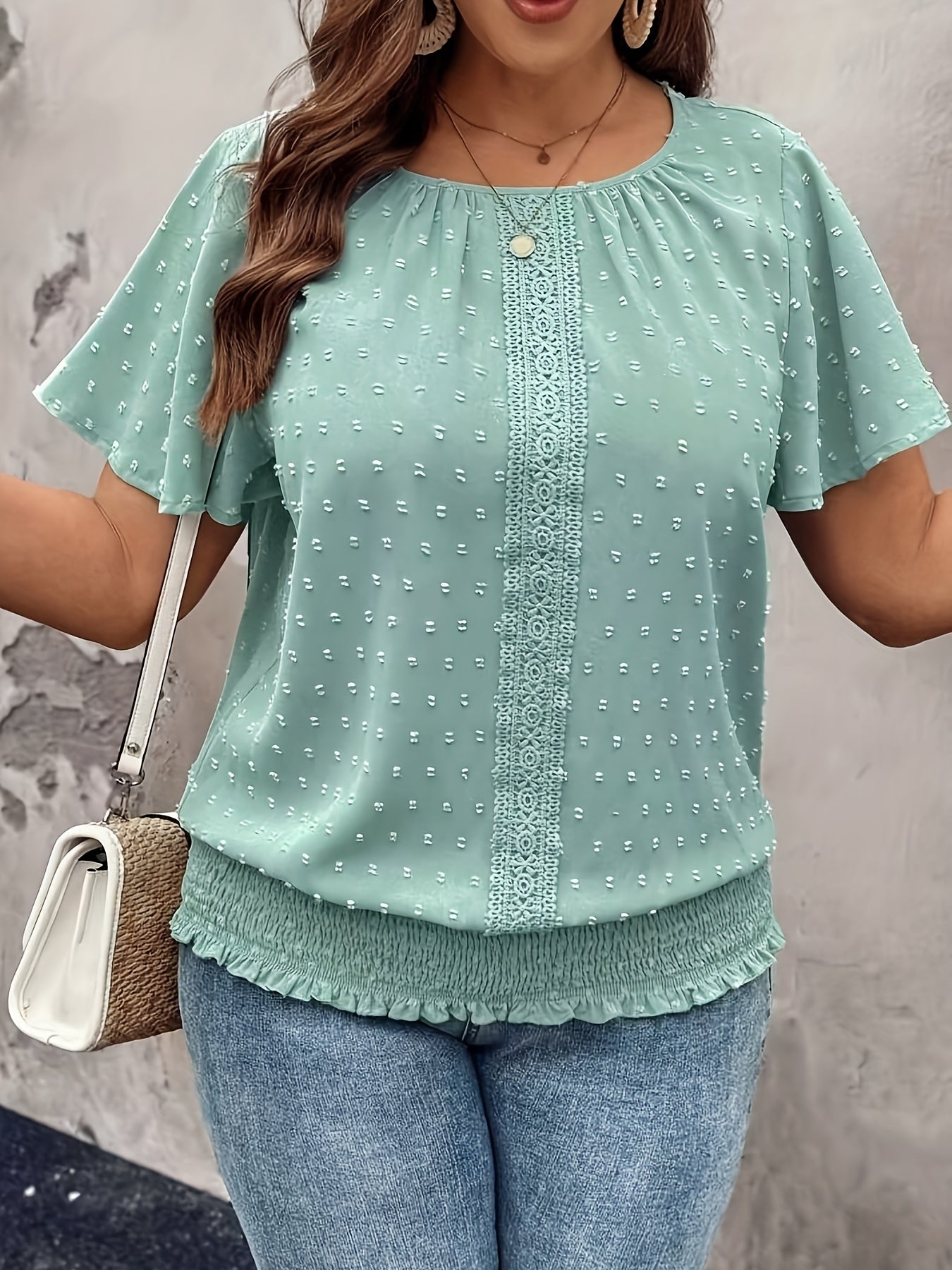 Plus Size Women's Cotton T-Shirt with Ruffled Hem and Eyelet Embroidery
