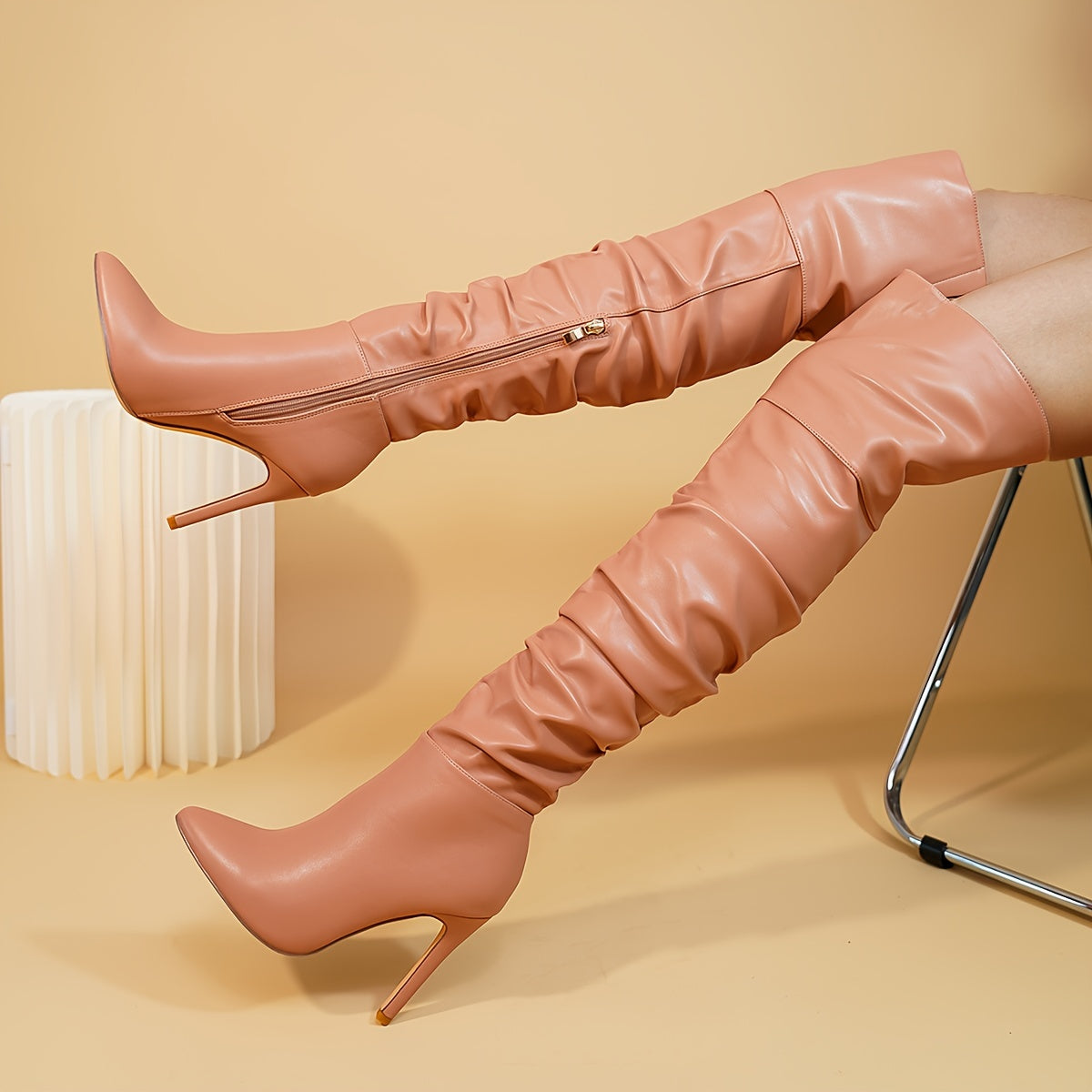 Women's Leather Stiletto Heeled Boots with Pointed Toe and Side Zipper