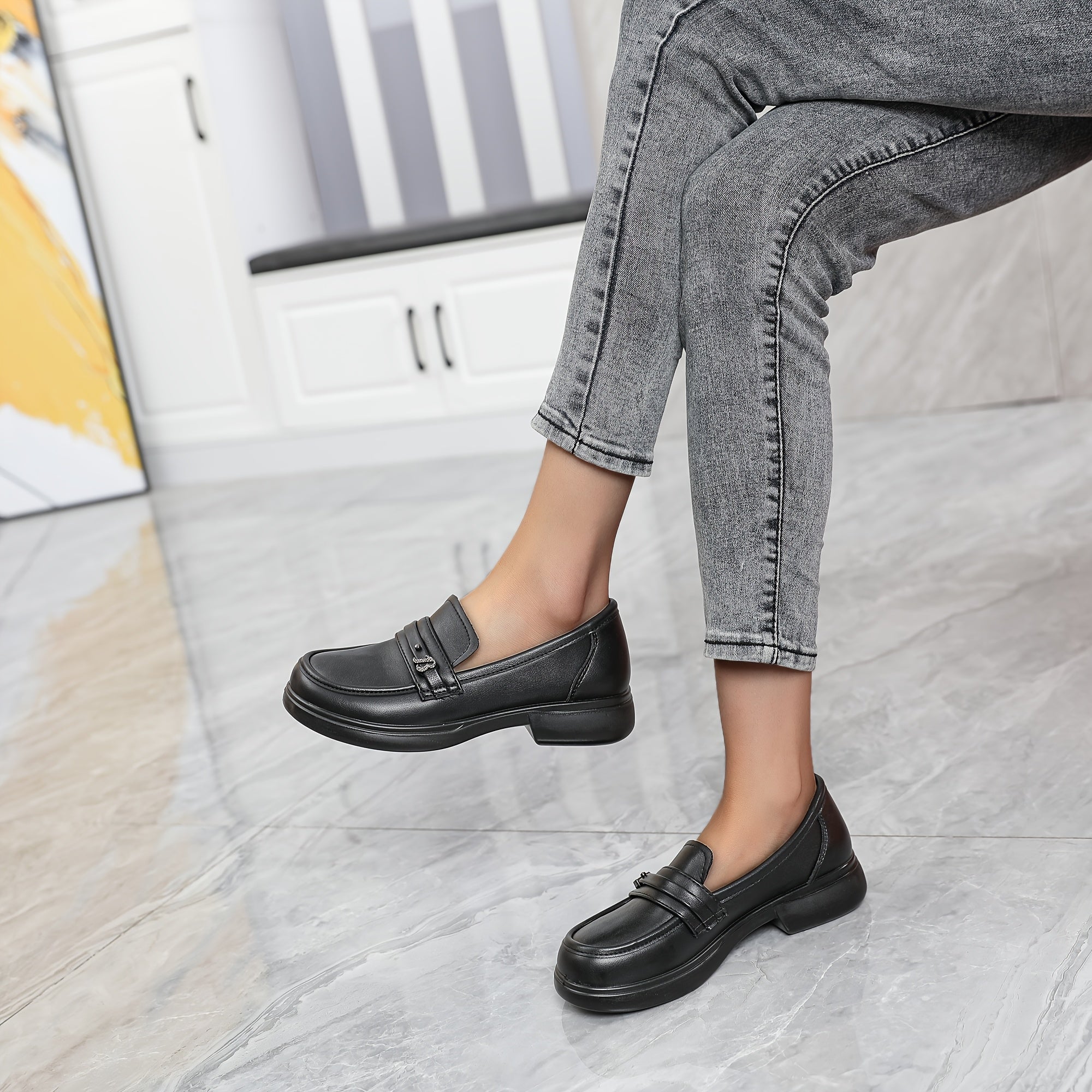 Women's Black Faux Leather Slip-On Loafers with Thick Sole