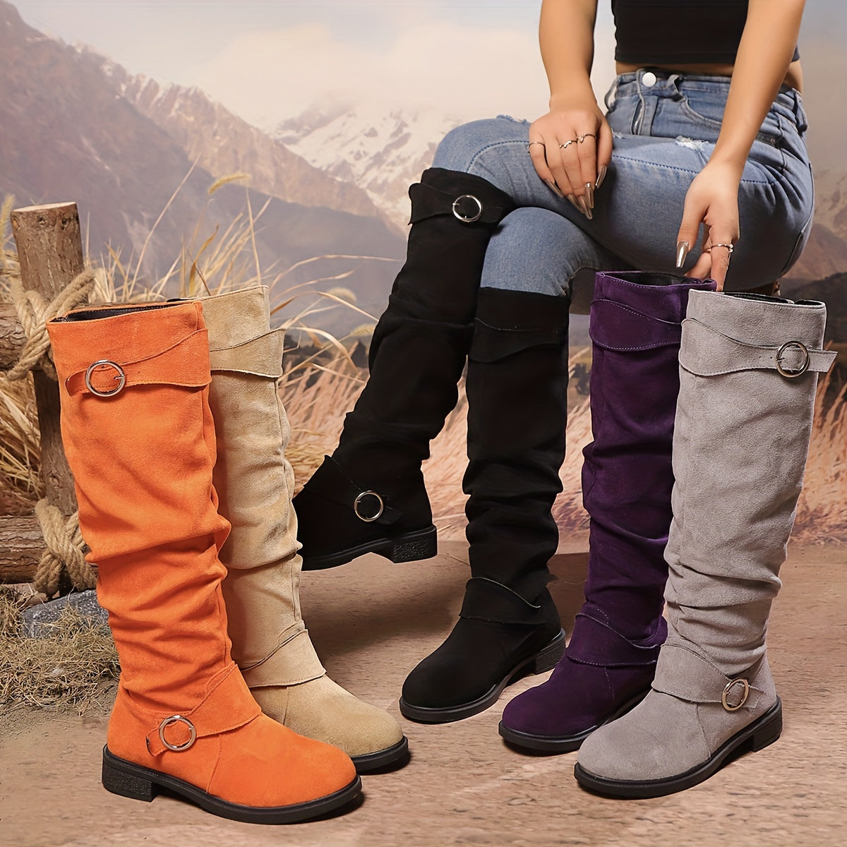 Women's Leather Button Pleated High Top Knee Boots