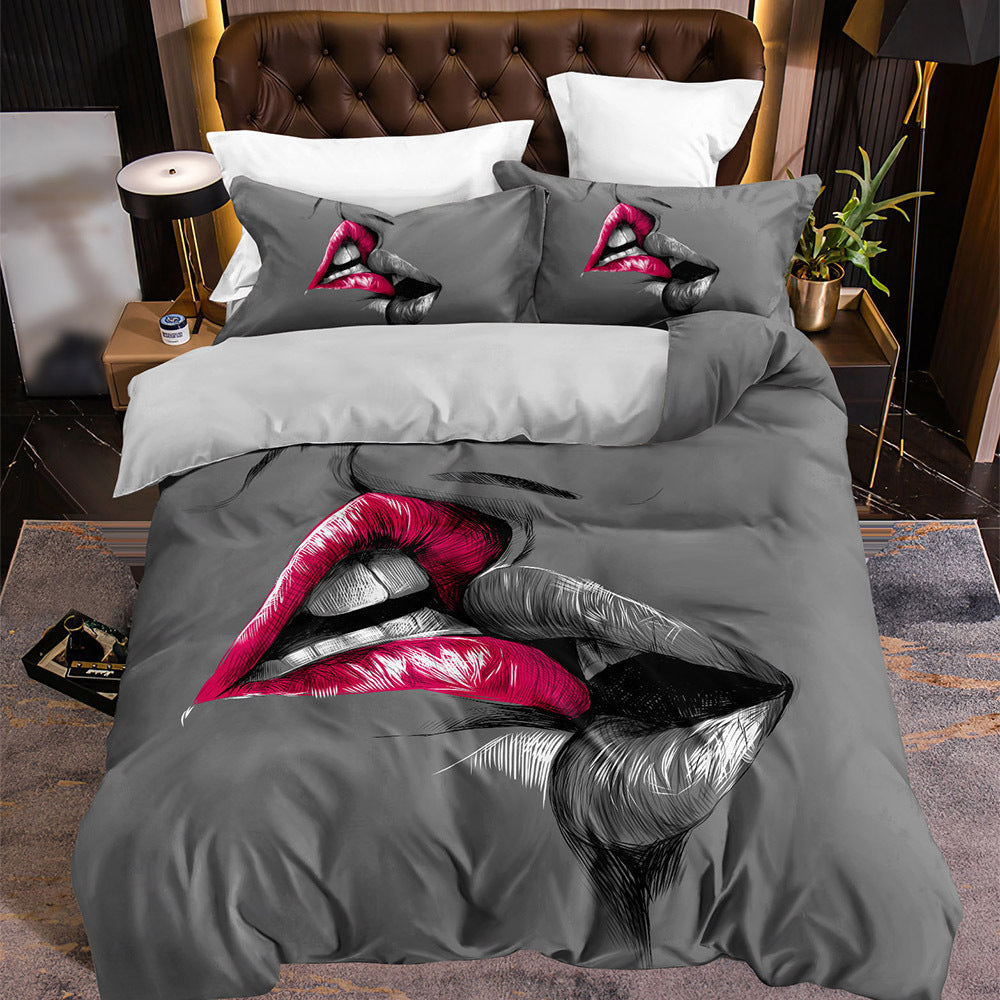Couple Bedding Set with Crimson Lips Kissing Sketch Duvet Cover and Pillowcases