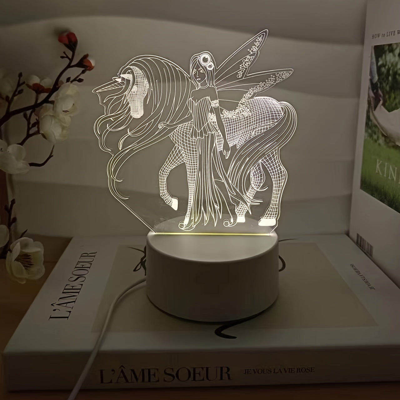 LED Night Light for Girls with 3D Pegasus and Fairy Design, 16 Color Options, USB Powered, Touch and Remote Control