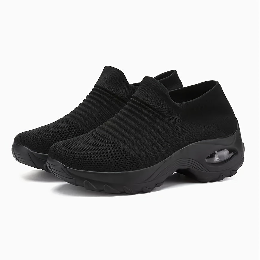 Women's Knit Slip-On Sneakers with Air Cushion Sole Black Casual Wear