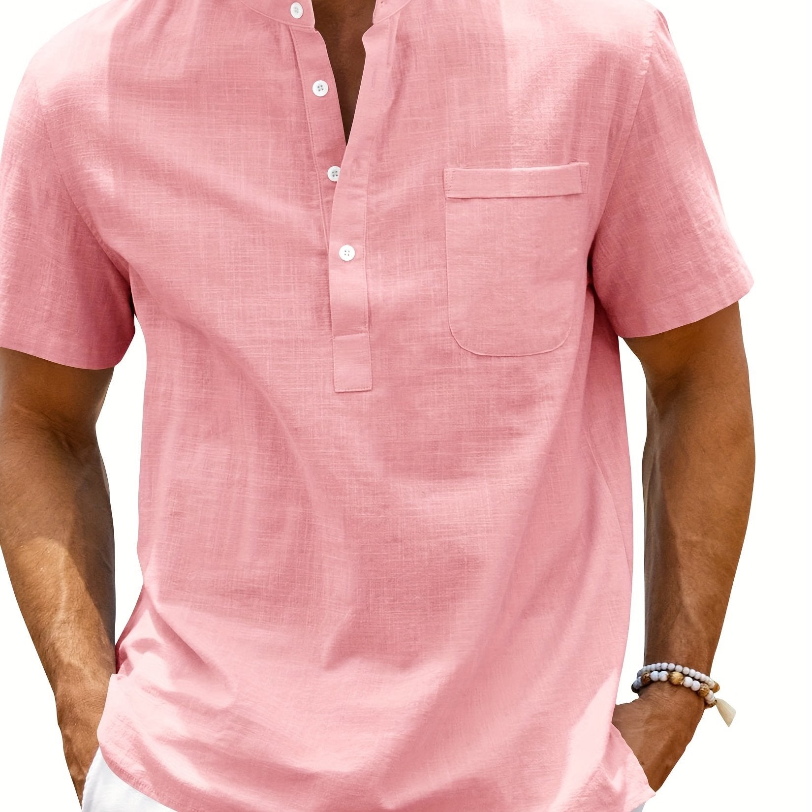 Men's Cotton Short Sleeve Shirt with Stand Collar and Pocket for Summer Beach Vacation
