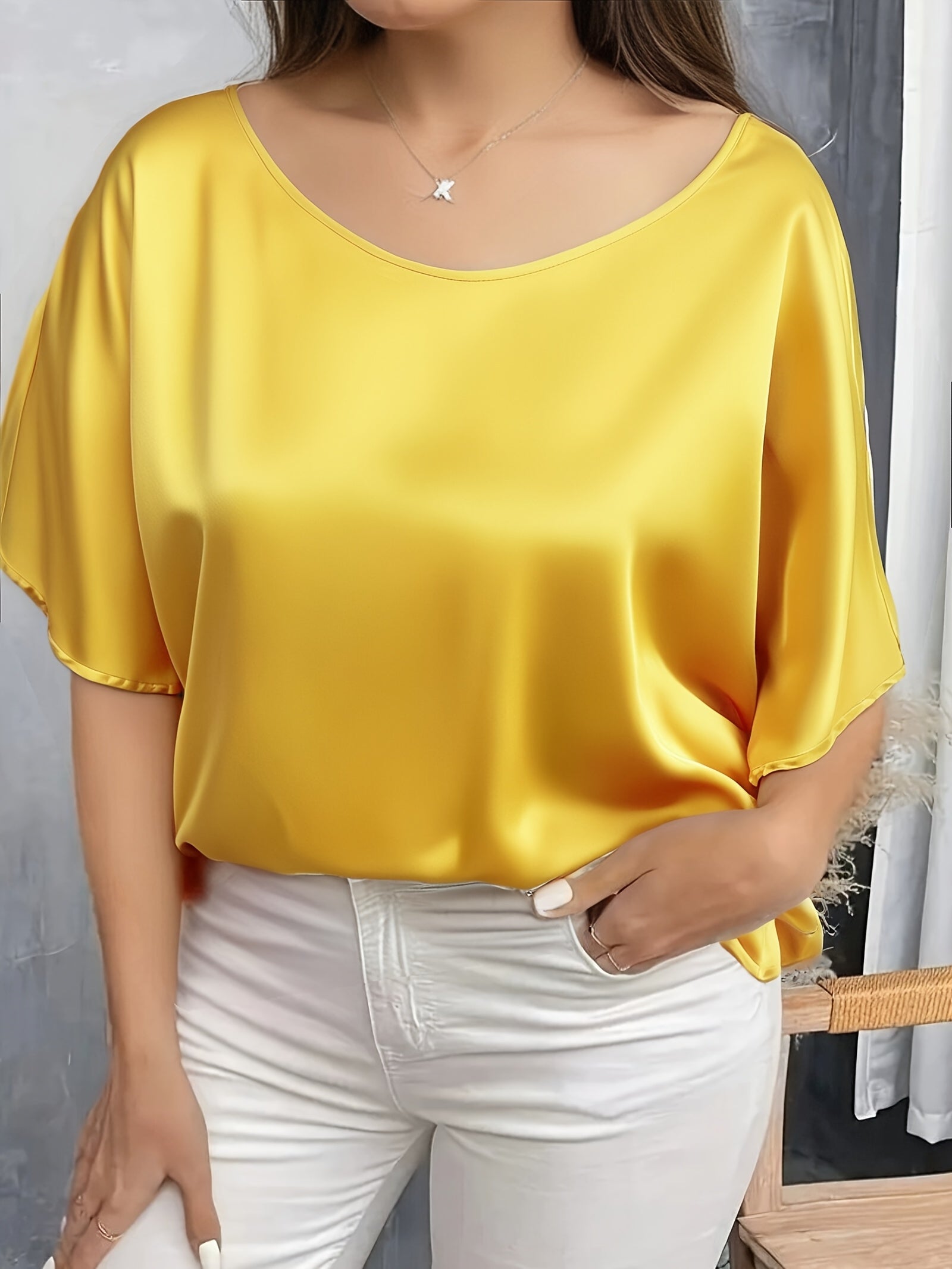 Women's Plus Size Red Short Sleeve Top Loose Fit Polyester All-Season Casual