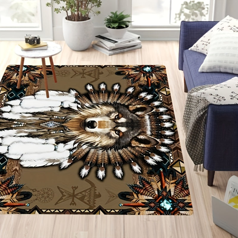 Ковер с классным узором в виде волка и креативным мотивом перьев — нескользящий и моющийся ковер для спальни, гостиной, кухни, прихожей, помещения, улицы — идеально подходит для домашнего декора, весеннего декора или в качестве подарка