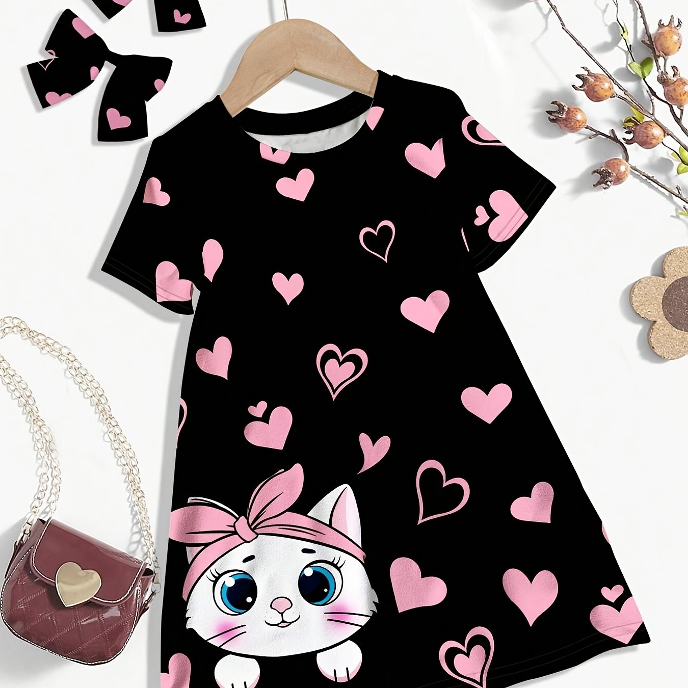 Girls' Dress Heart Print Polyester Knit Loose Fit for Outdoor Wear Black Pink Cats Medium Stretch