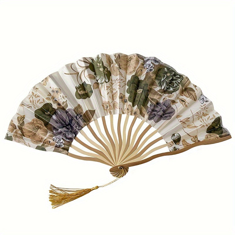 Vintage Floral Hand Fan with Tassel Chinese Traditional Retro Home Decor