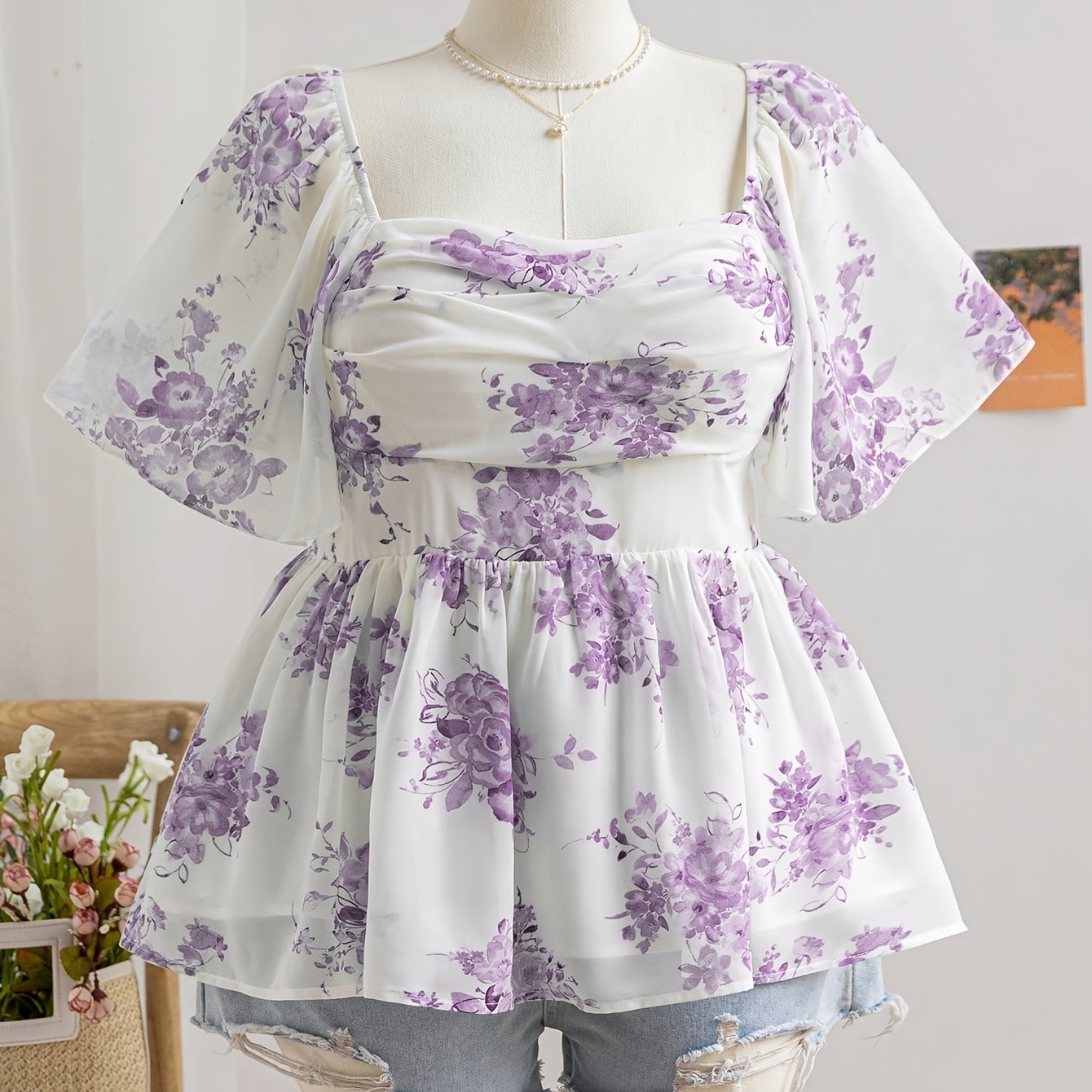 Plus Size Women's Floral Print A-Line Top Ruffled Neck Short Sleeve Polyester