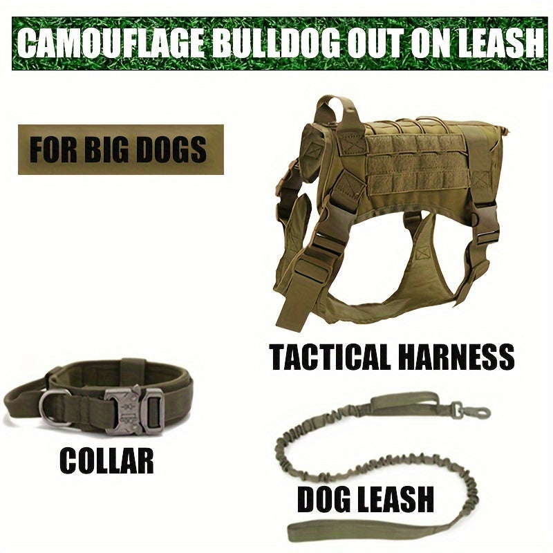 Adjustable Nylon Tactical Dog Harness with Leash for Large Dogs Olive Green Camo