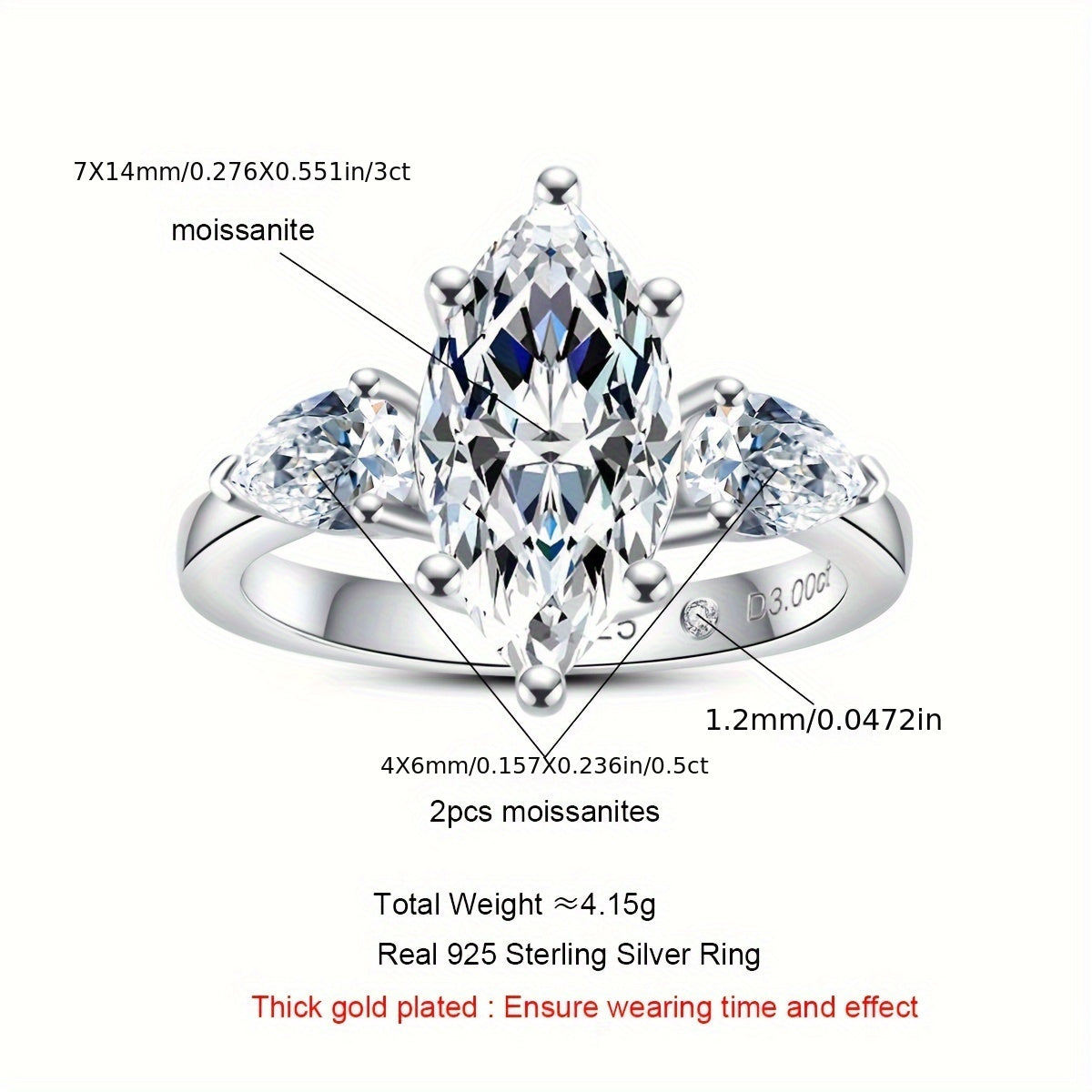 Oltin 3CT Moissanite To'y Halqasi - 925 Sterling Kumushdan tayyorlangan, Ot Ko'z Kesimi bilan, To'ylar va Yubileylarga Ideal, U uchun Ajoyib Sovg'a