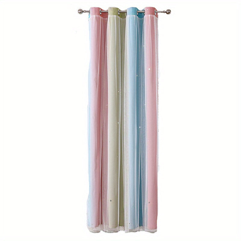 Эта занавеска с двойным слоем и люверсами украшена узором из звезд в виде радуги, идеально подходящим для добавления игривого акцента в вашу детскую, спальню или гостиную. Улучшите декор вашего дома с помощью этой очаровательной панельной занавески.
