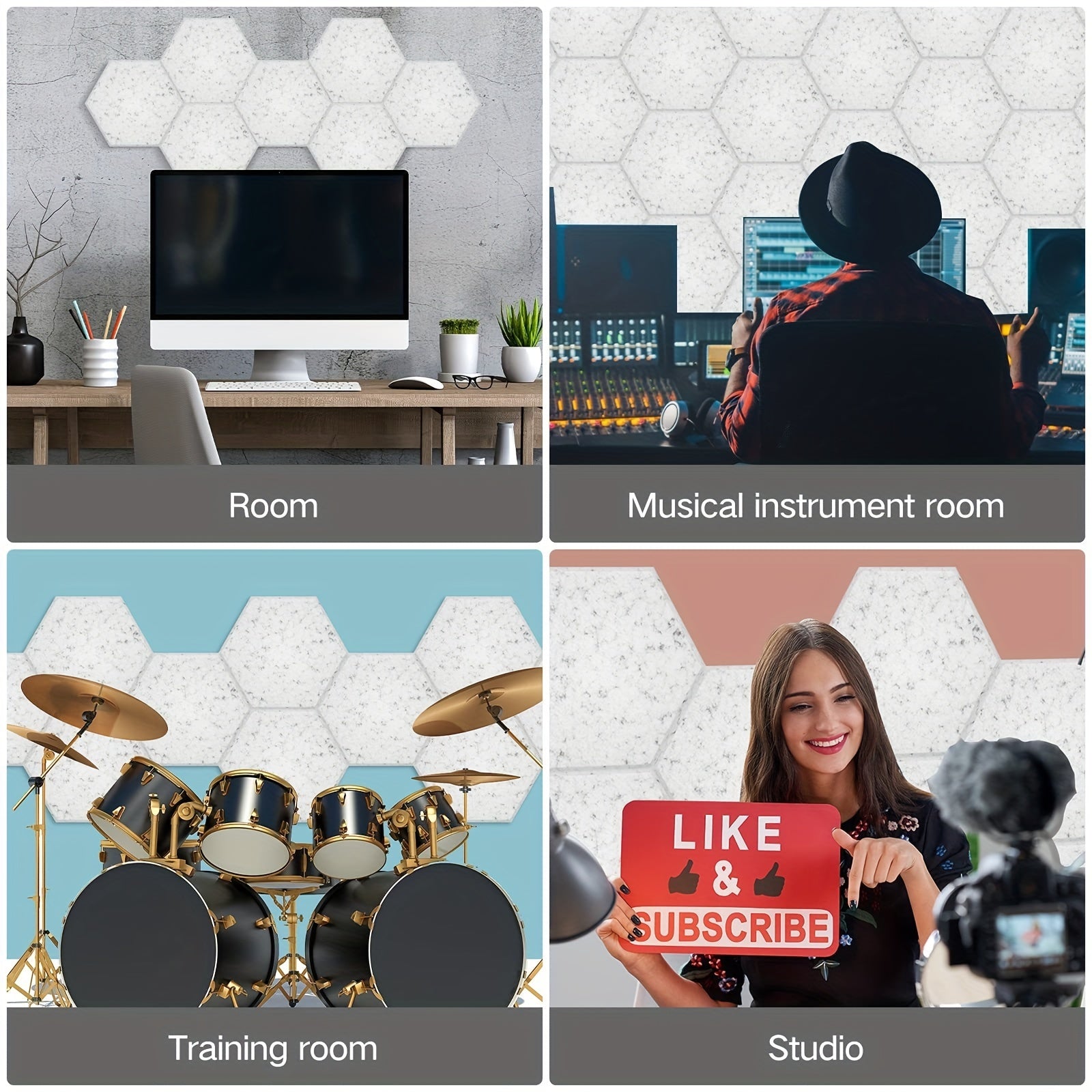 12-Pack Hexagonal Soundproof Foam Panels Self-Adhesive Flame Retardant Acoustic Wall Panels Noise Reduction Echo Control 30.48cm x 25.4cm