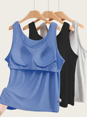 Women's Plus Size Soft Stretch Tank Tops with Built-In Bras Solid Color Pack of 3