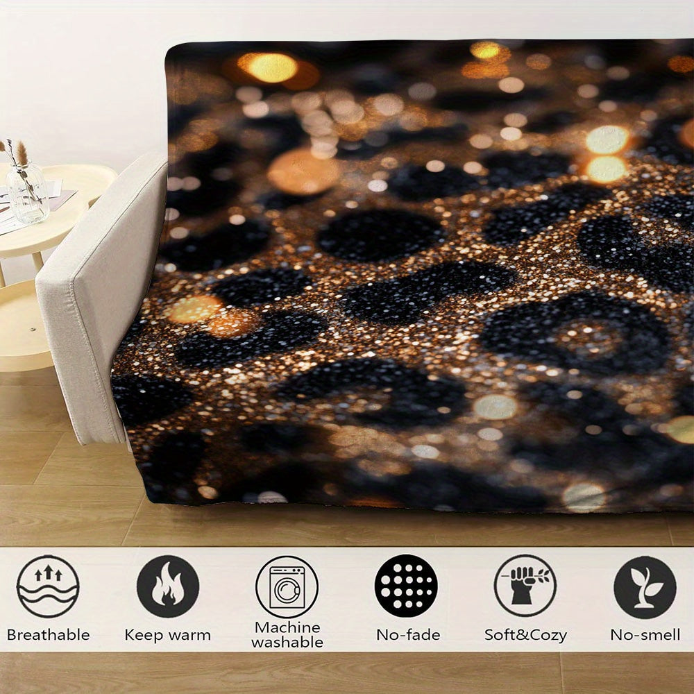 Black and Gold Leopard Print Flannel Fleece Blanket Soft Warm Throw for Sofa Bed Camping