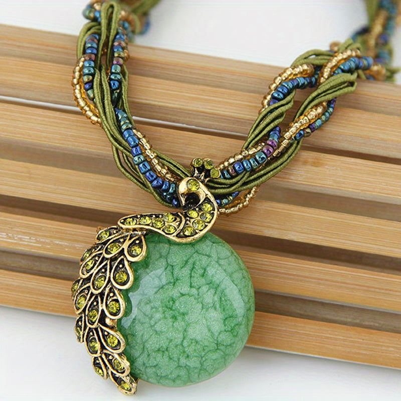 Vintage Alloy Peacock Leaf Gemstone Pendant Necklace Boho-Chic Jewelry