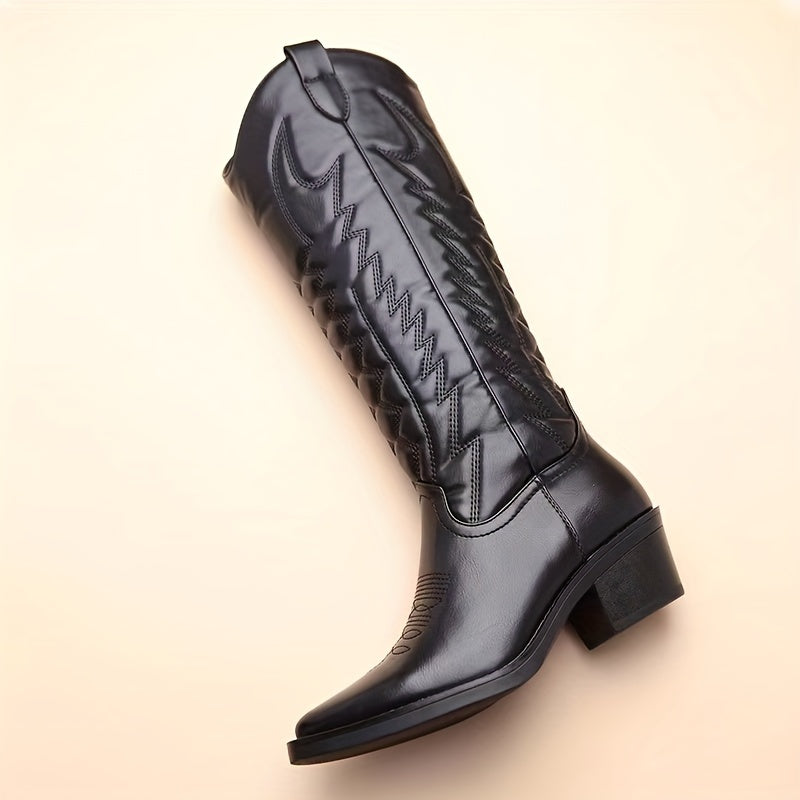 Women's Black Western Cowboy Boots Pointed Toe Chunky Heel Zipper