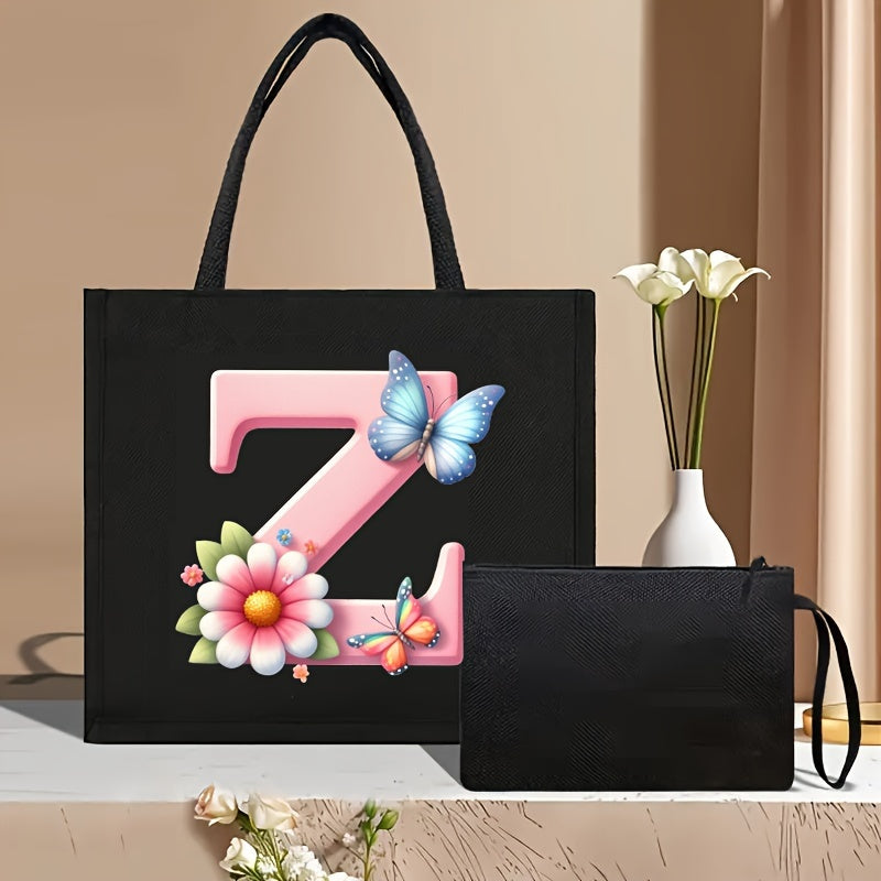 Set of 2 Floral Letter Print Canvas Tote Bags Large Handbag with Clutch Pouch