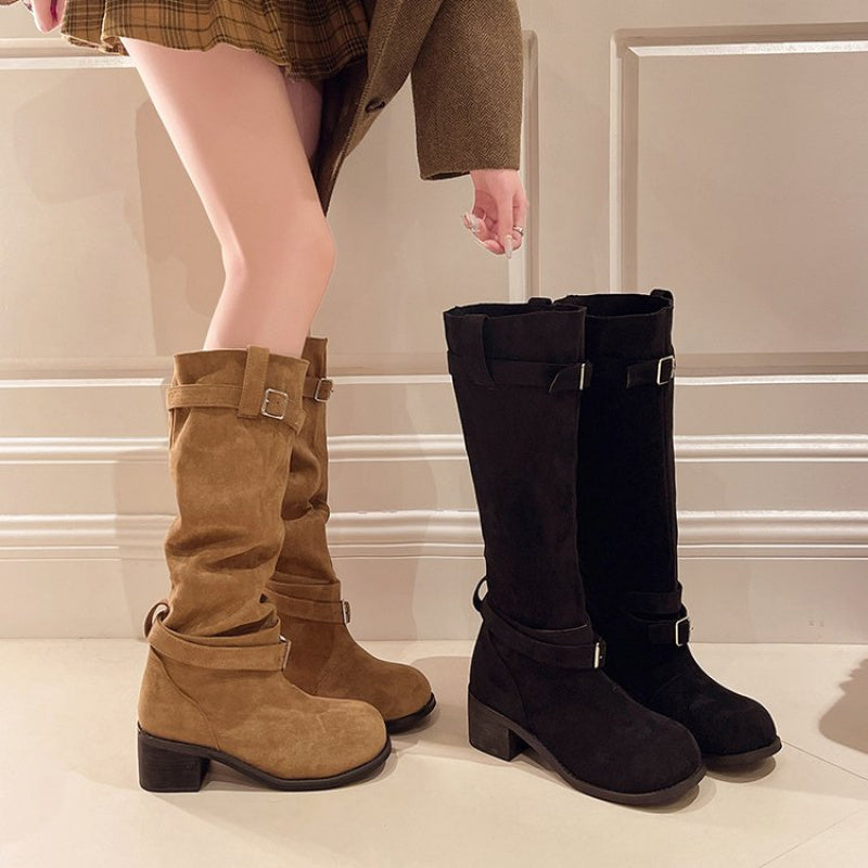 Women's Black Over-the-Knee Riding Boots with Chunky Heel and Buckle Strap