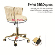 Golden Velvet Swivel Vanity Chair with Woven Backrest Adjustable Height 360° Rotation Cream Upholstery