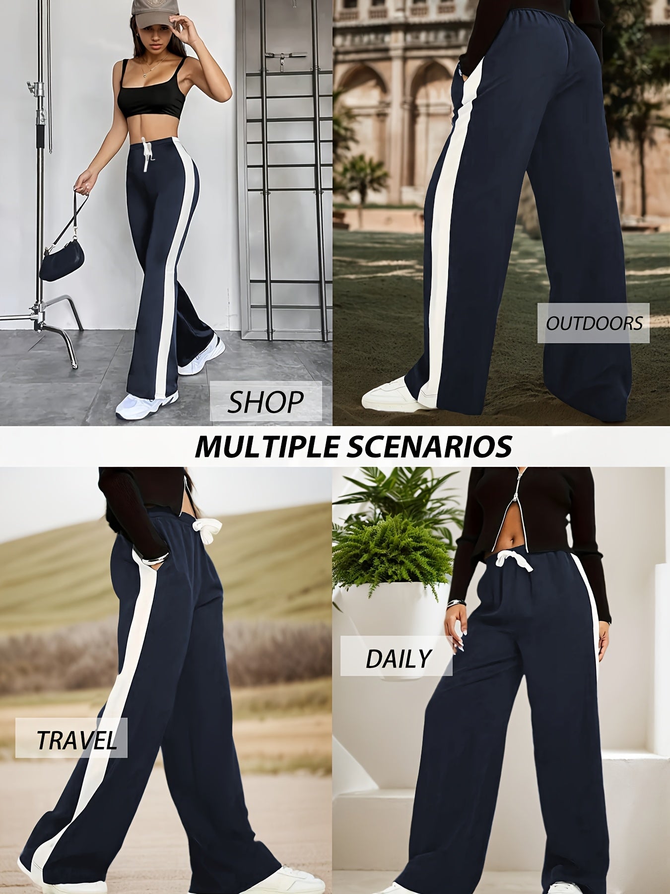 Women Wide Leg Pants Black and White Striped High-Waisted Drawstring