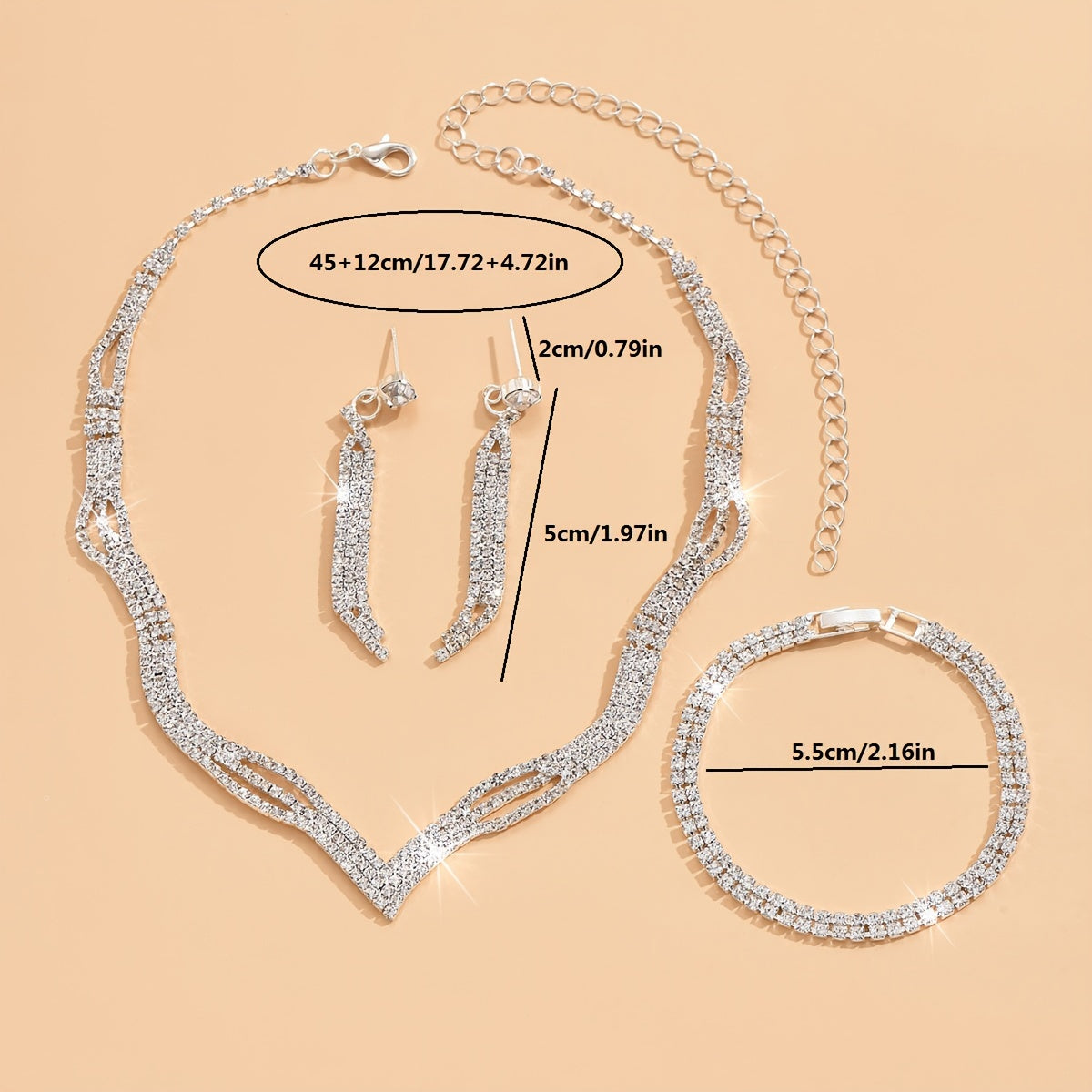 Women's Rhinestone Jewelry Set with Necklace Earrings and Bracelet for Bridal and Party