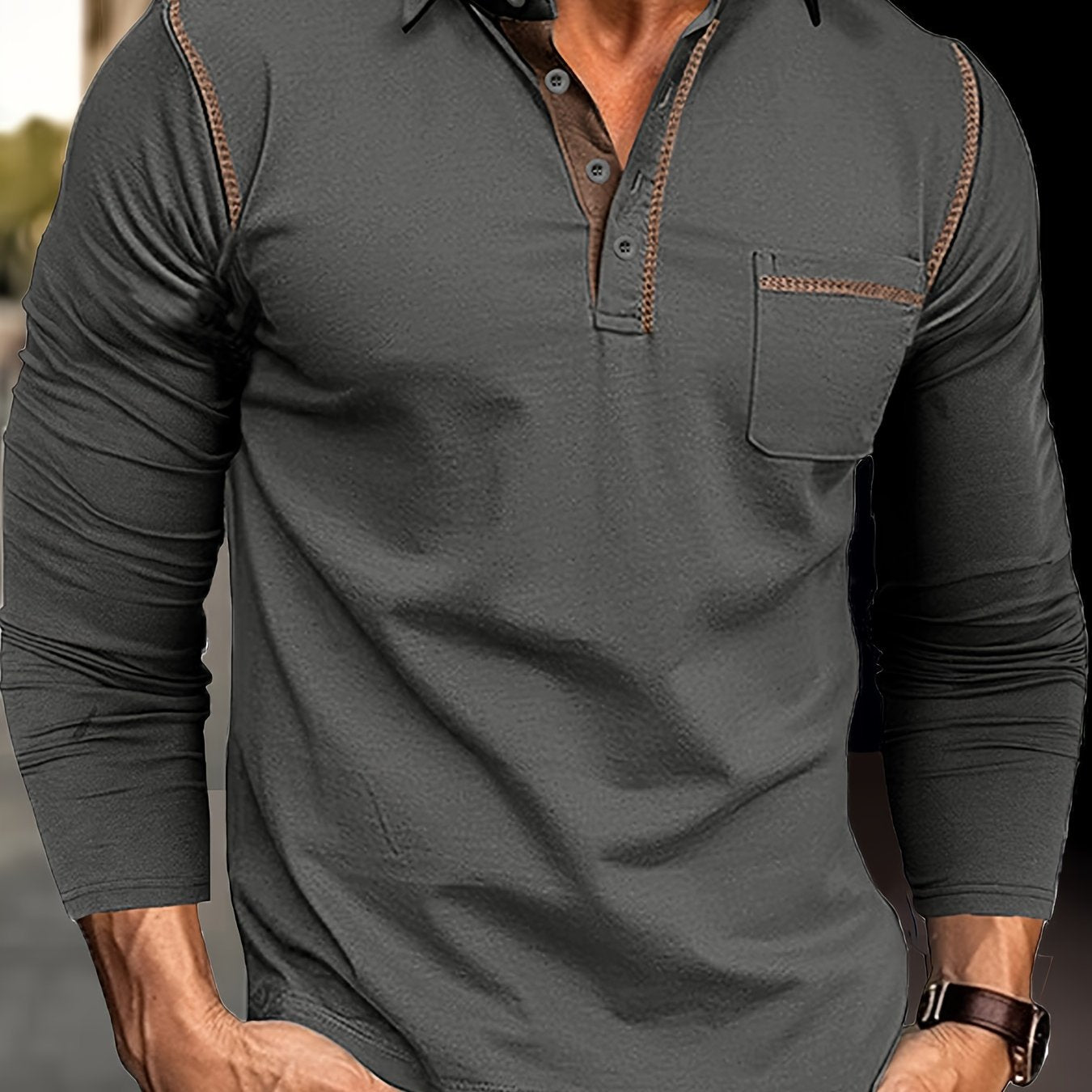 Camisa Henley de manga larga de talla grande para hombre con bolsillo en el pecho, punto de algodón y poliéster, para otoño y primavera
