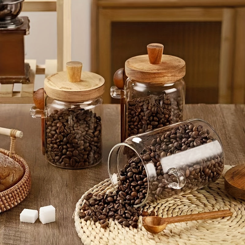 Glass Sealed Storage Jar with Wooden Spoon 500ml Kitchen Food Container Moisture-Proof