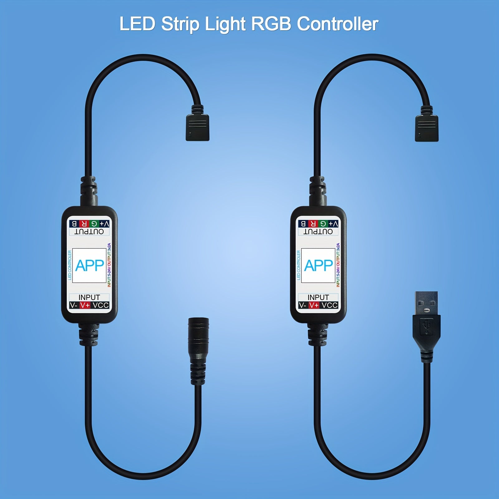 Беспроводной контроллер RGB LED-ленты с управлением через приложение, питается от USB, совместим с 5V-24V DC светильниками, поддержка умного дома, синхронизация с музыкой.