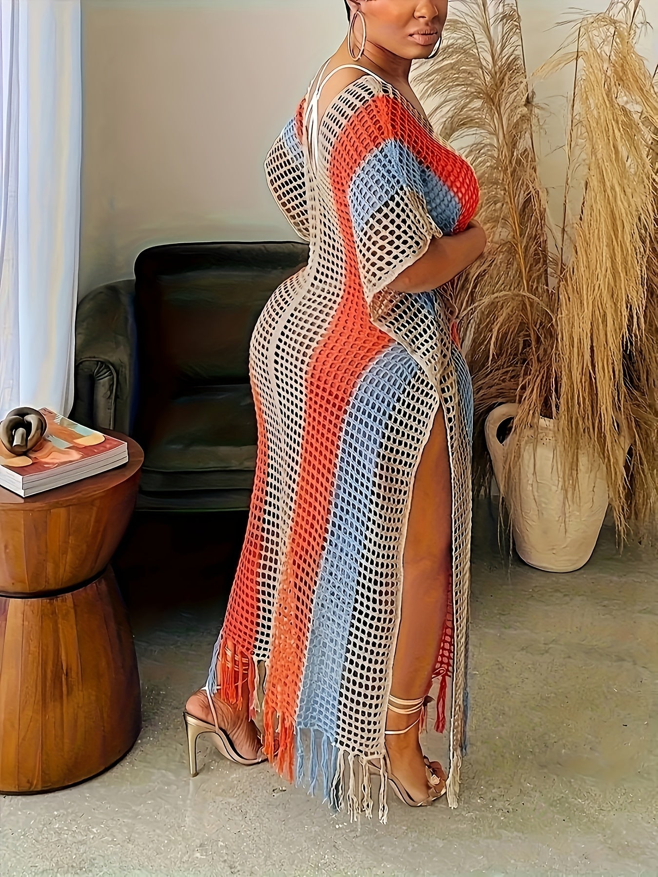 Plus Size Women's Color-Blocked Fringe Beach Sweater Spring Summer Fall