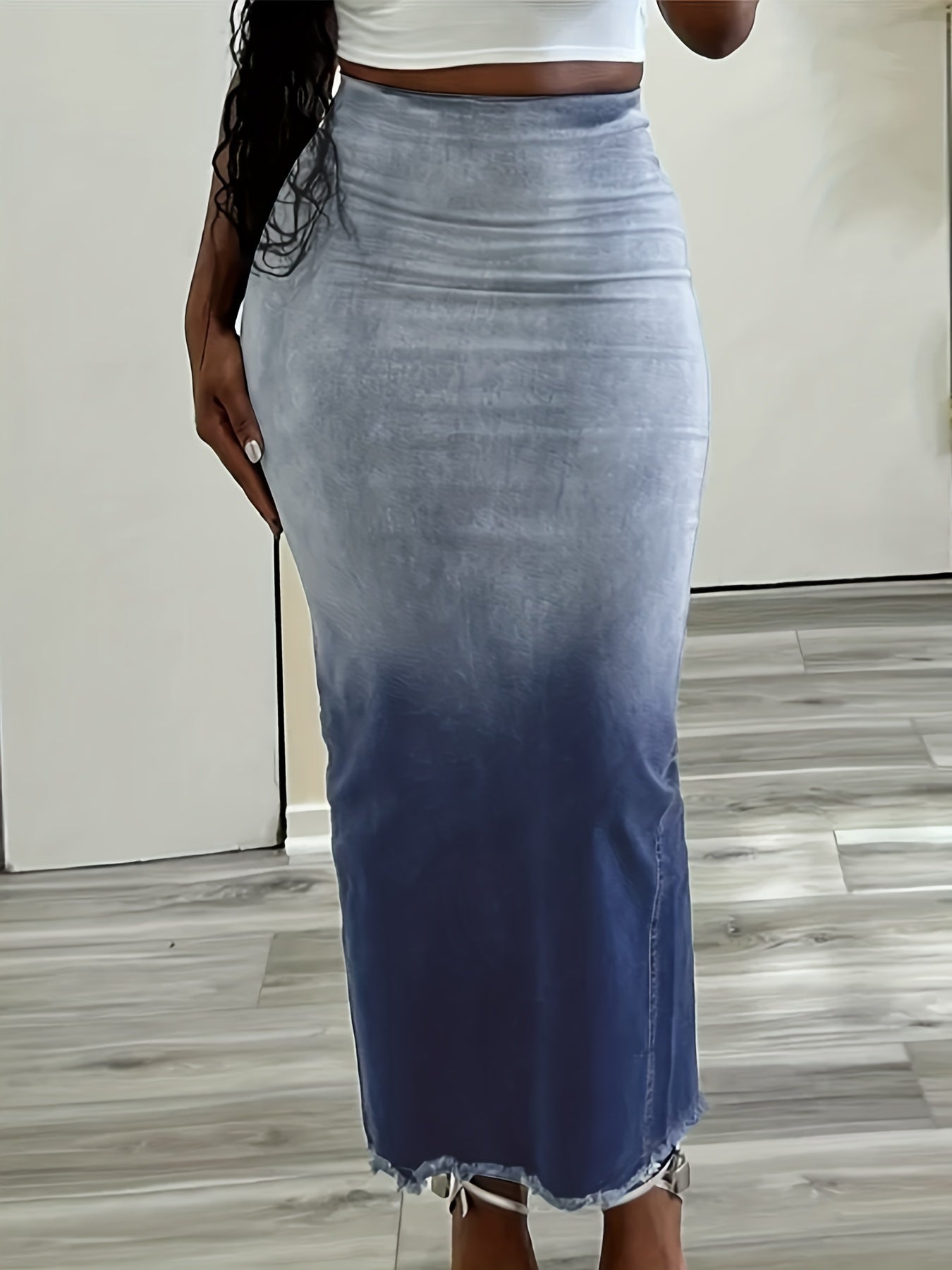 Women Blue Denim Midi Skirt High Waist Side Slit Summer Wear