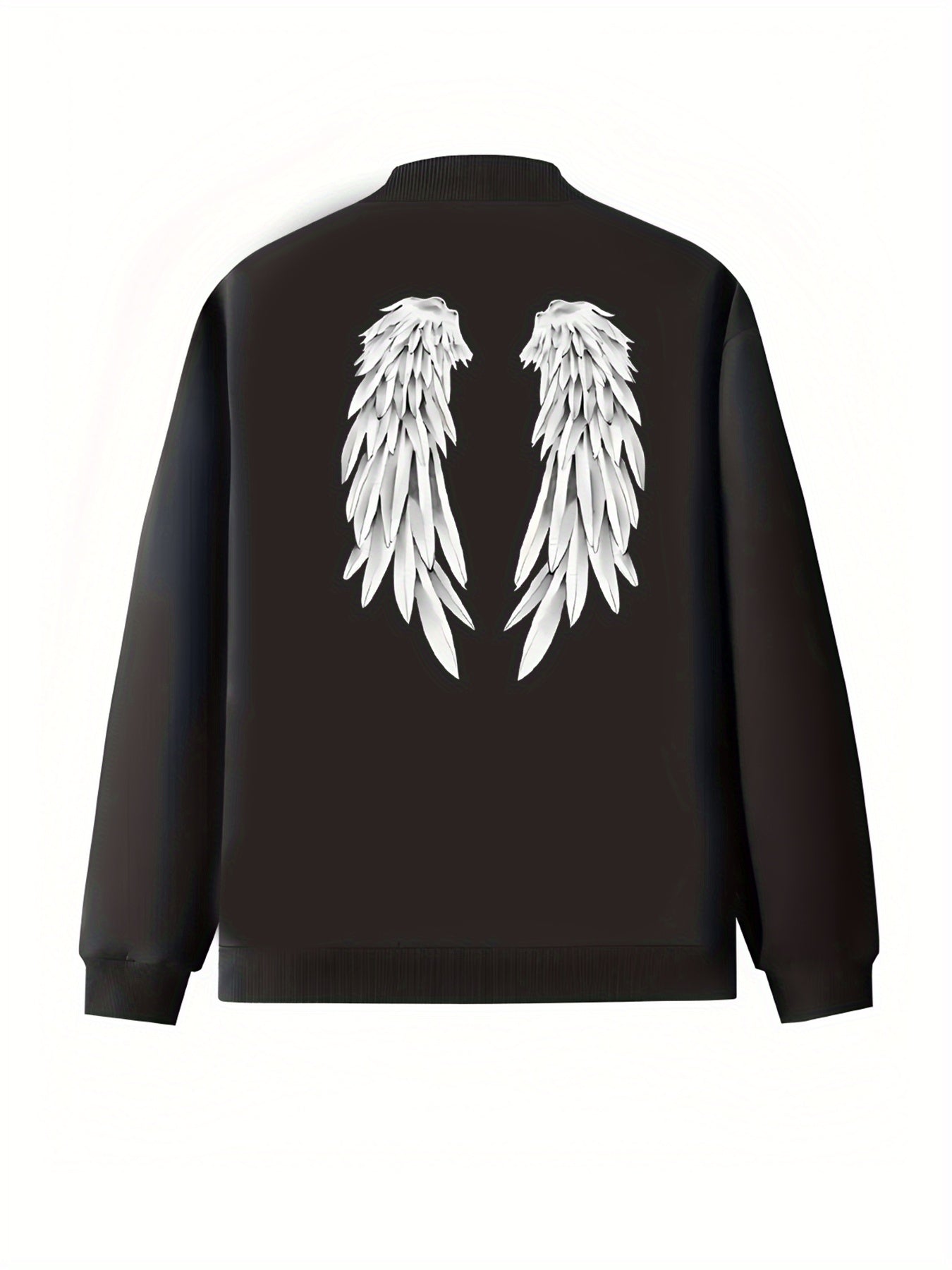 Plus Size Women's Casual Baseball Collar Jacket with Angel Wing Print Black White Contrast