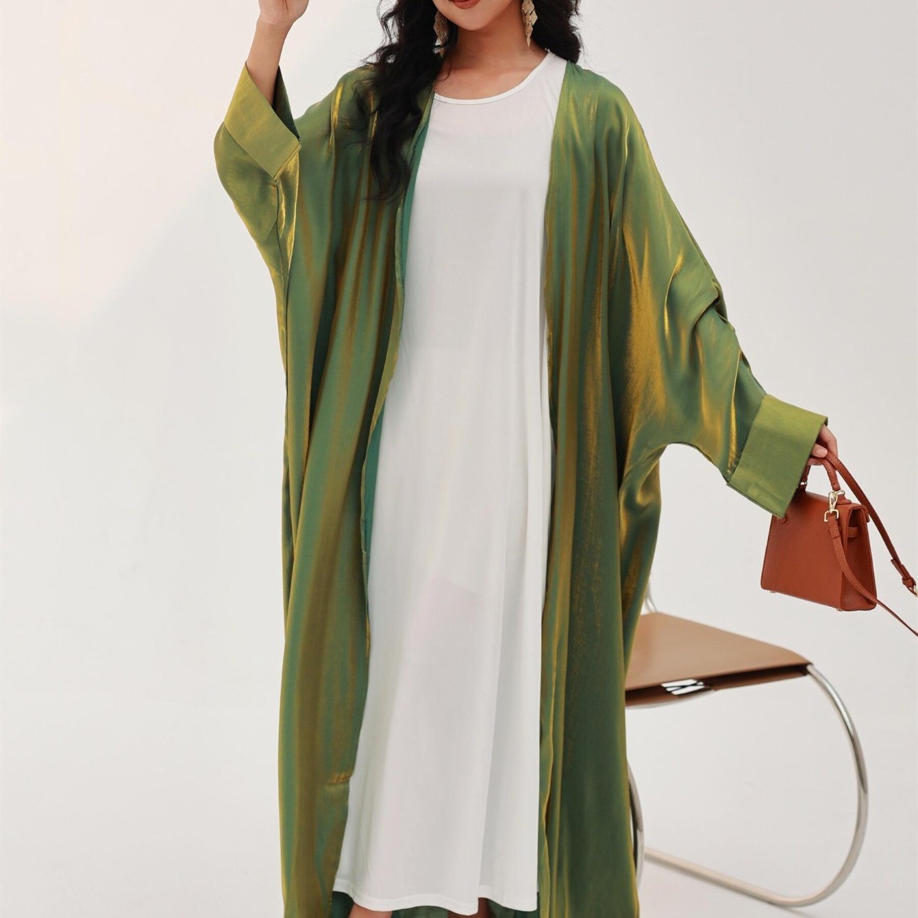 Plus Size Turkish Kaftan Dress Satin Finish Long Sleeve Pink Ankle-Length