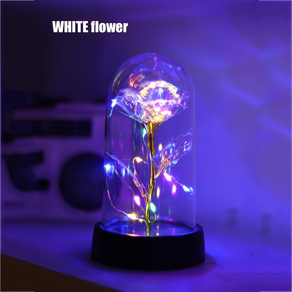 LED Night Light Rose in Glass Dome Pink or Yellow Flowers Battery Powered Gift for Valentine's Day Mother's Day Weddings