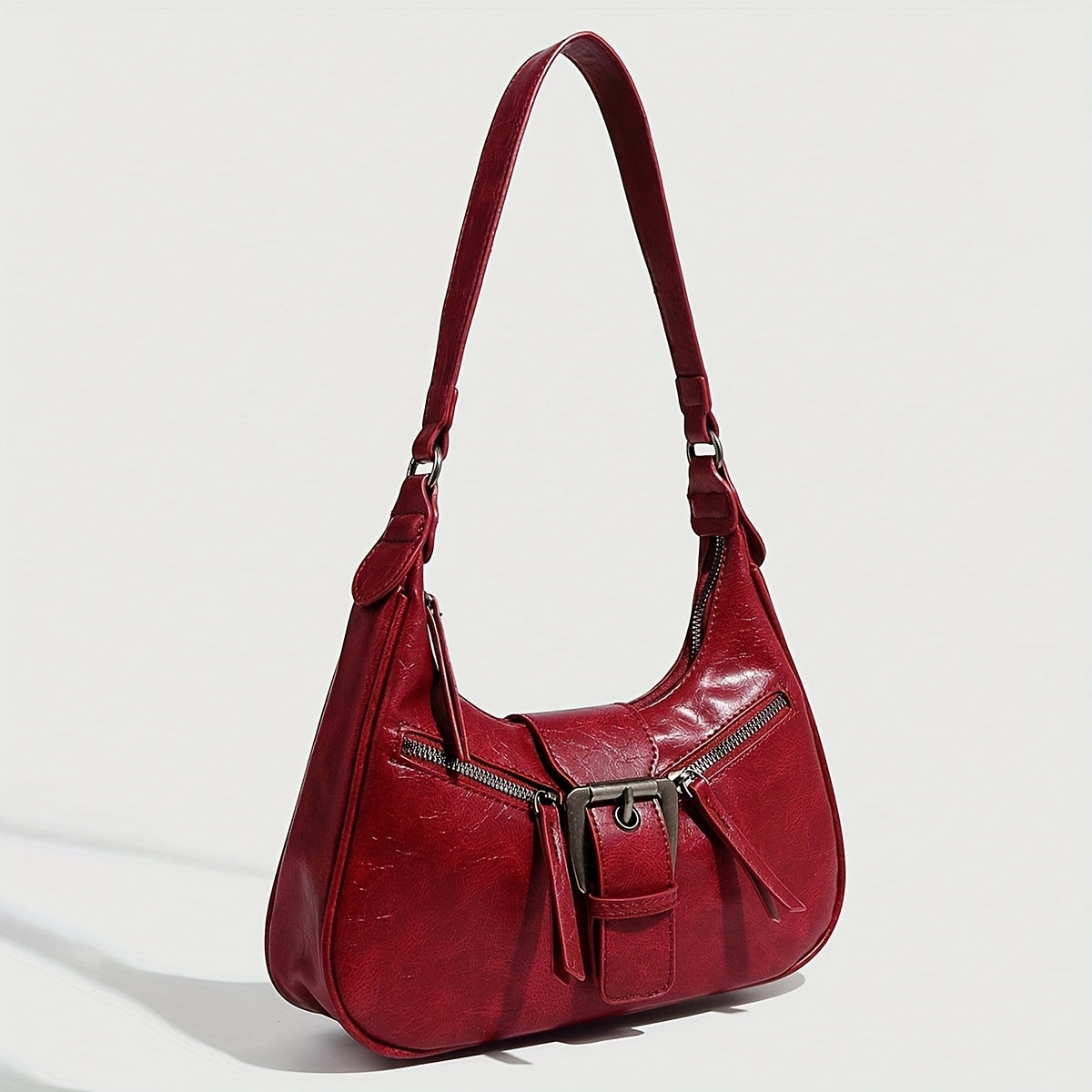 Y2K Punk uslubidagi vintage mototsikl yelka sumkasi ayollar uchun, qora kulrang sintetik charm, sozlanadigan tasma va zip yopilishi bilan