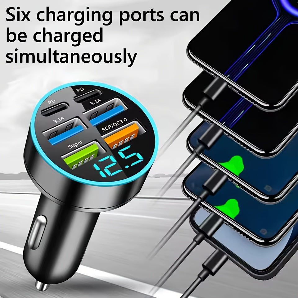 Car USB C Charger 250W, 6 Ports, Fast Charging, Digital Display