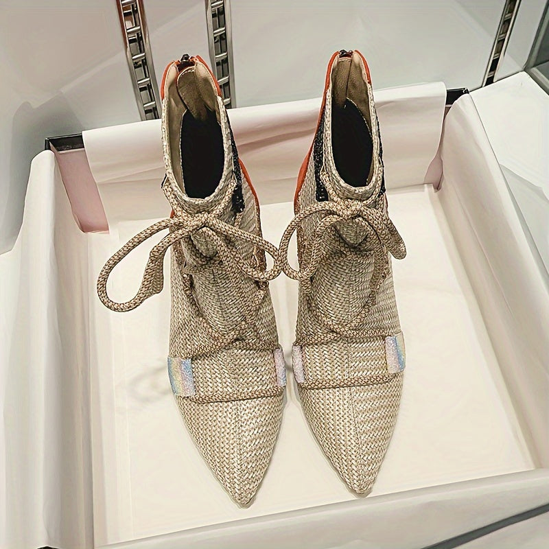 Женские ботинки на щиколотке с блестящими акцентами, полосатая ткань, каблуки-стилетто