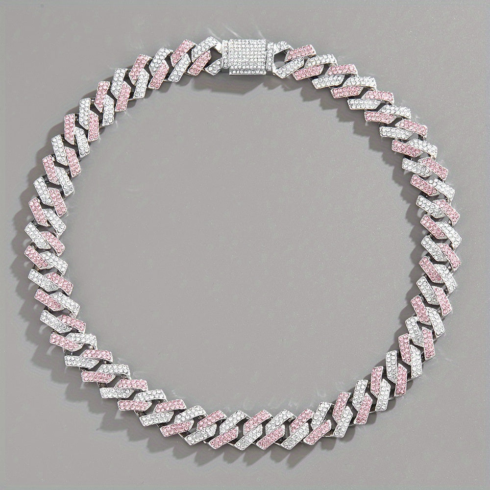 Men's Silver Pink Blue Cuban Link Chain Iced Out Lab Faux Diamonds Miami Necklace Choker