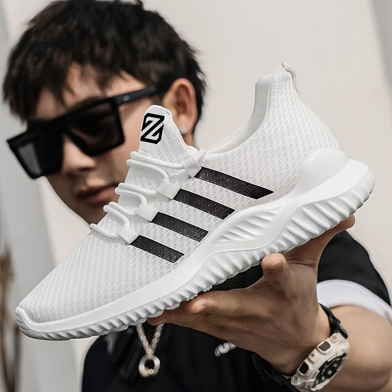 Unisex Striped Breathable Fabric Lace-Up Sneakers for Casual Sports All-Season