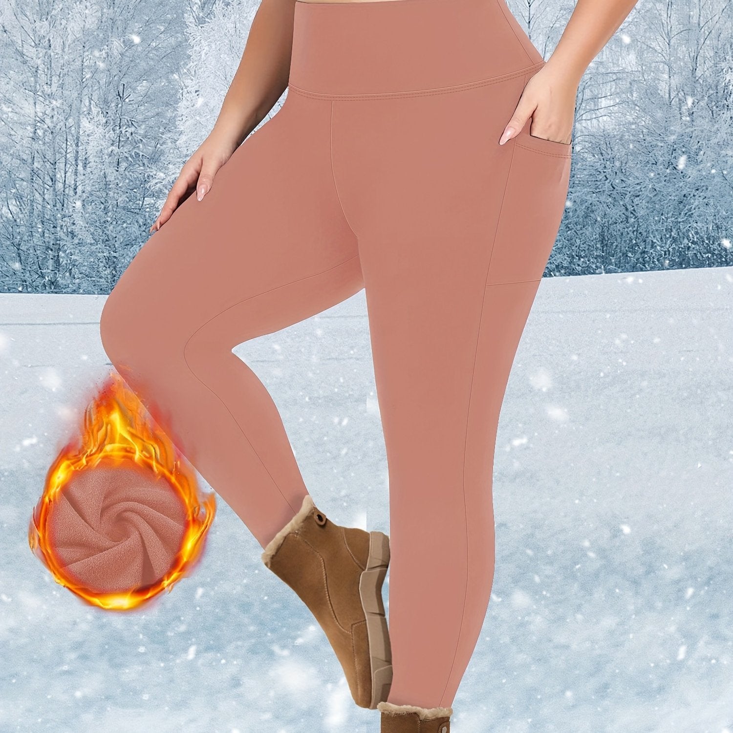 Plus Size Warm Plush Lined High Waist Leggings With Pockets for Women