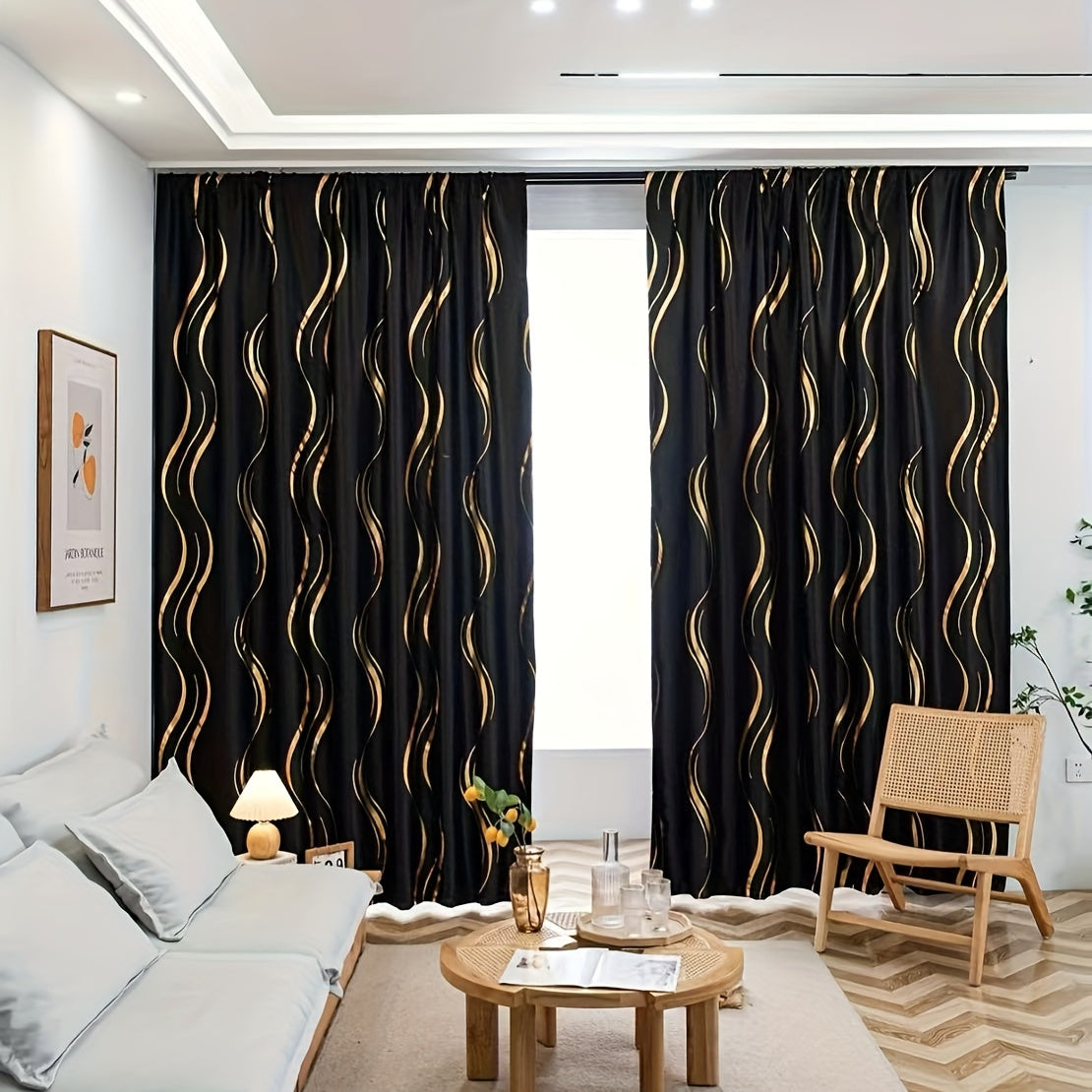 Luxurious Blackout Curtain with Gold and Black Fabric for Living Room Bedroom or Study