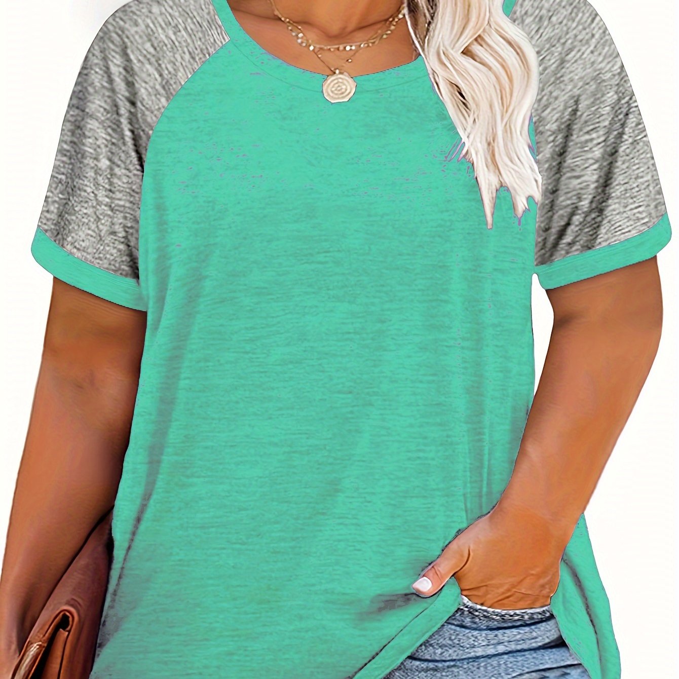 Plus Size Women's Summer Casual Raglan Color Block T-Shirt Soft Breathable Tee