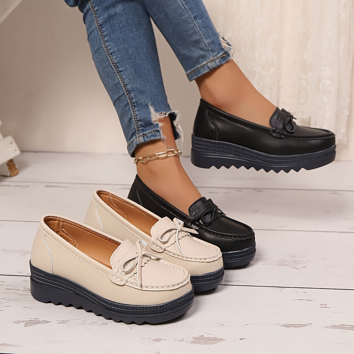 Women's Black Faux Cover Slip-On Loafers with Bow, Lightweight, Comfortable