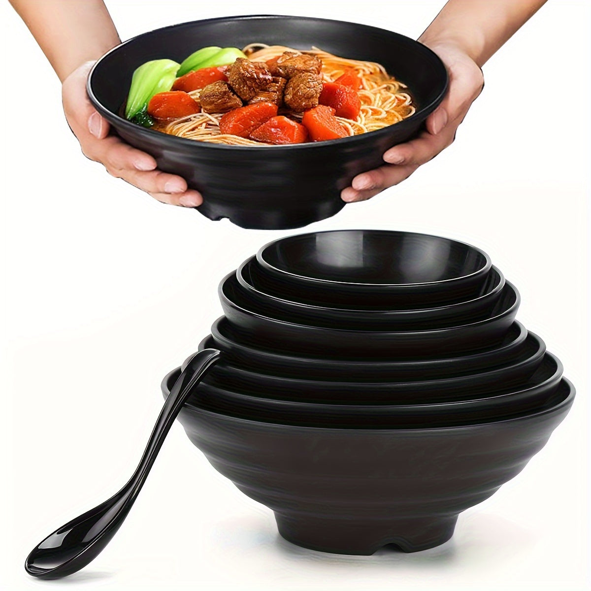 Set of 2 Black Polypropylene Ramen Bowls Microwave Safe Dishwasher Safe with Spoons