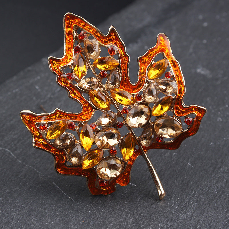 Vintage Maple Leaf Brooch Pin with Rhinestones Irregular Shape Women's Jewelry