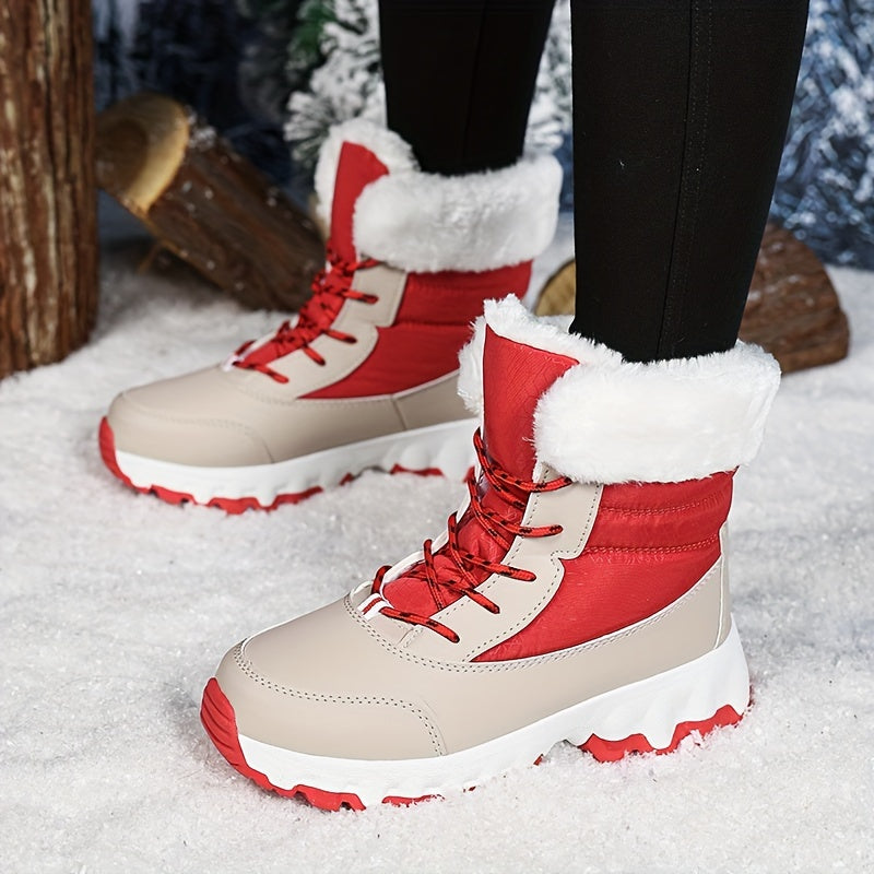 Women's Mid-Calf Winter Hiking Boots Solid Color Lace-Up Waterproof