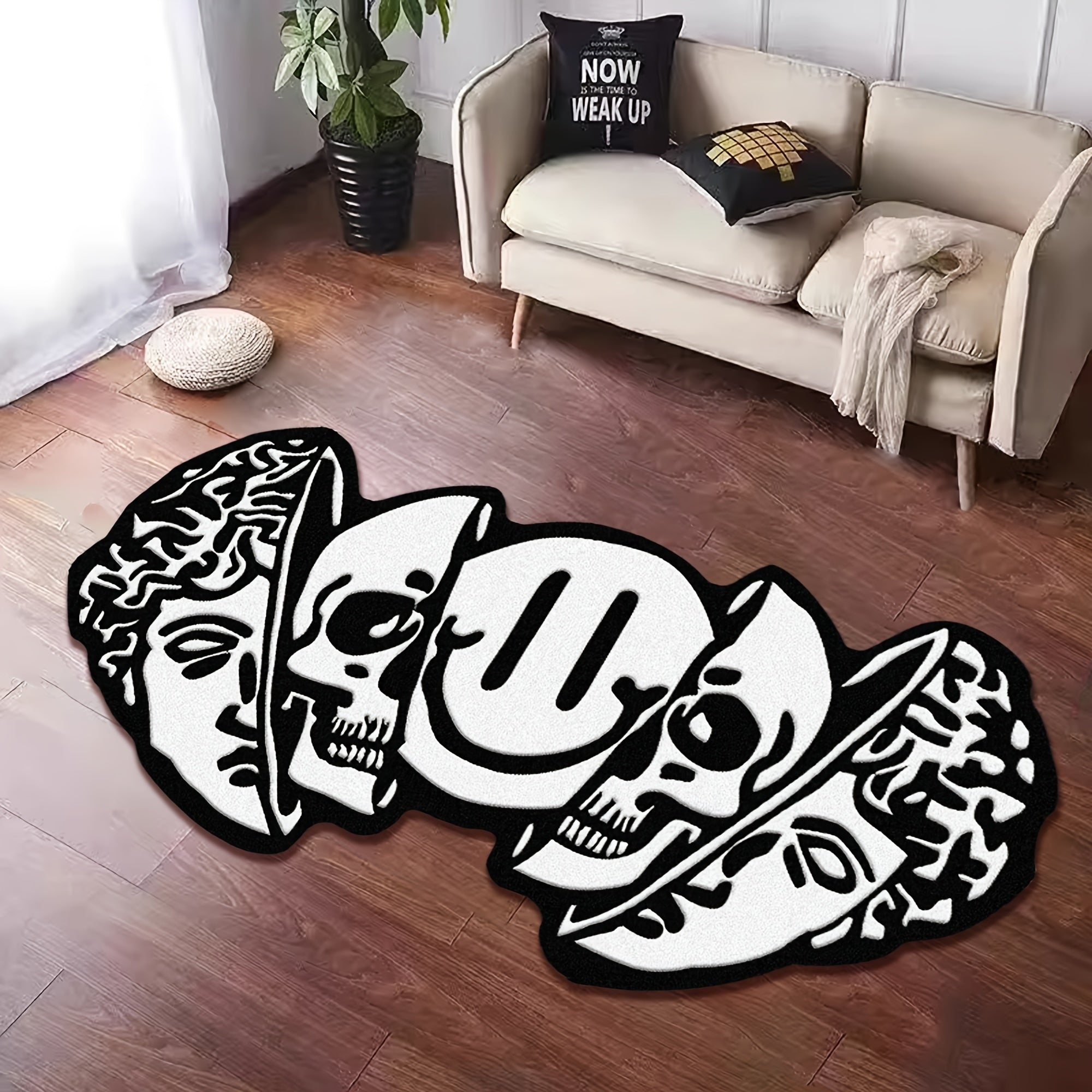 Soft Cashmere-Feel Plush Skull Pattern Area Rug Large Irregular Living Room Mat Bedroom Decor