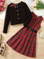 Girls Tween Dress Set with Plaid Pleated Dress and Cardigan for Spring Fall