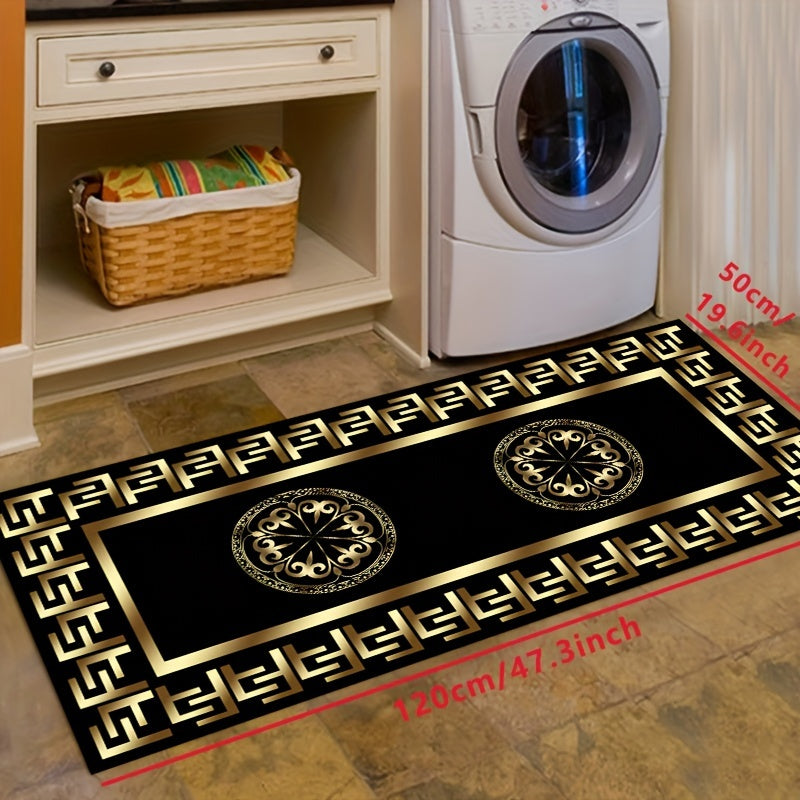 Elegant F-Pattern Runner Rug Golden Black Non-Slip Machine Washable Polyester Entryway Living Room Outdoor